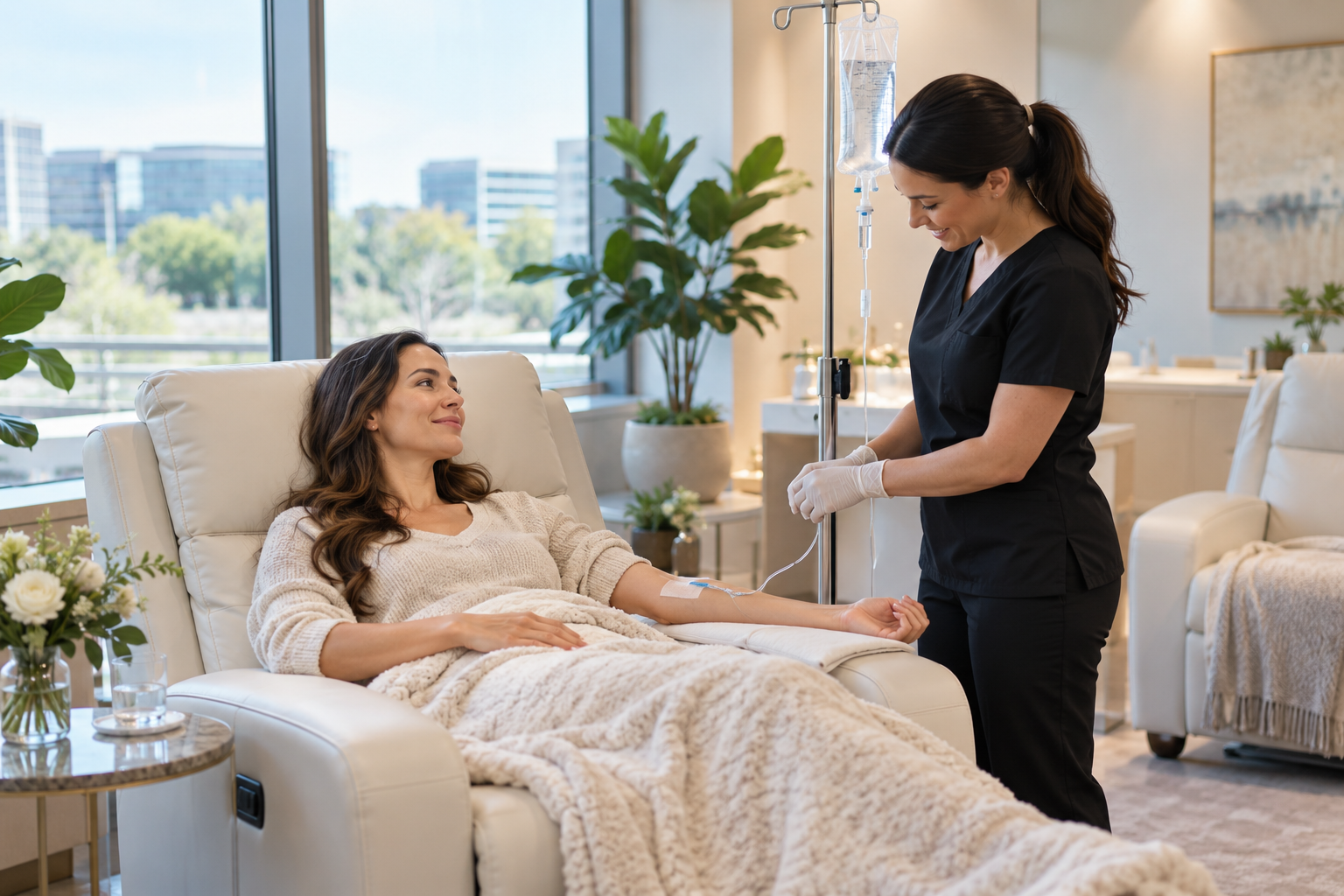 Caregiver speaks with a reclining patient in a bright, modern living room by large windows.