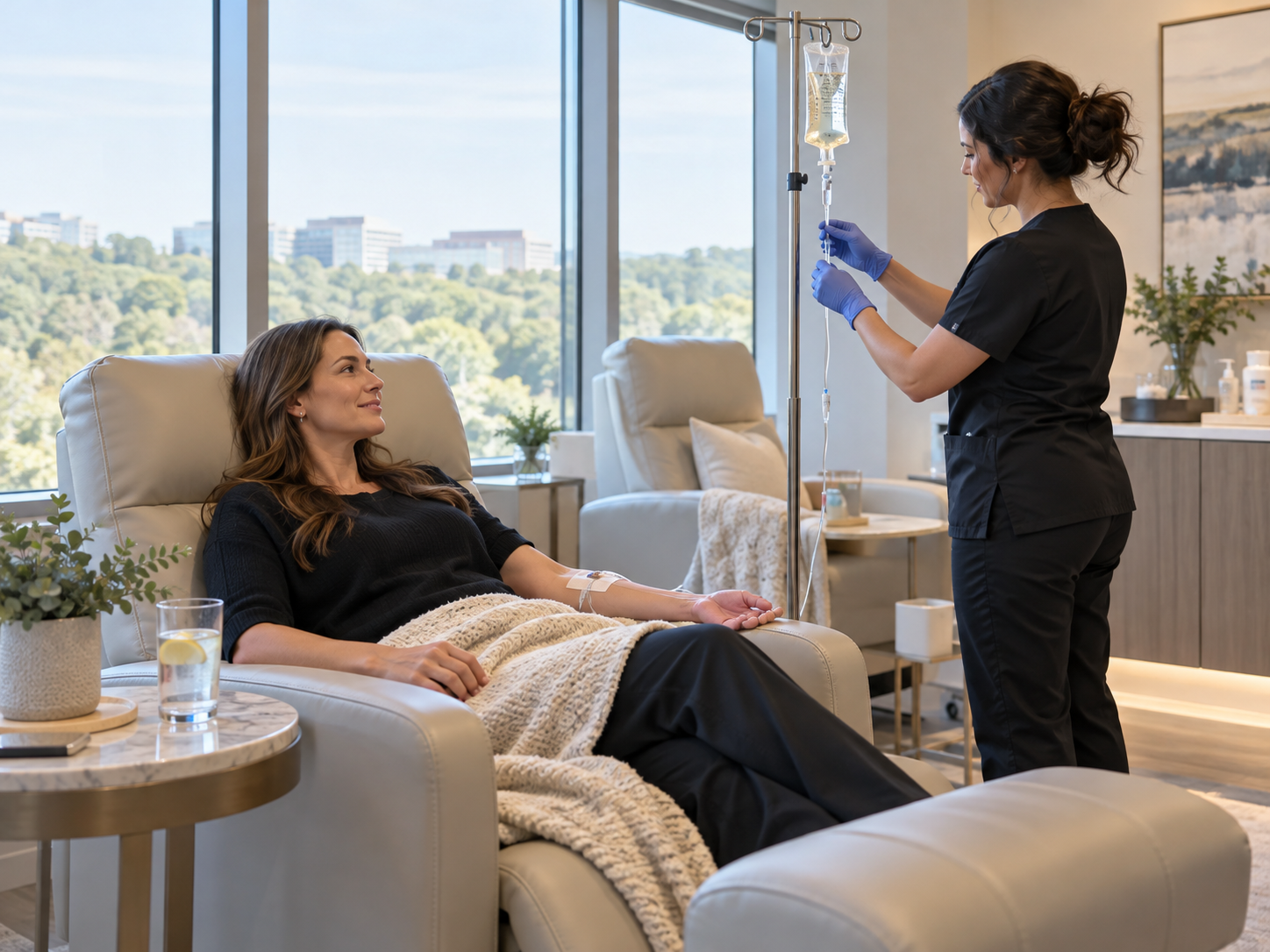 Nurse adjusting an IV for a reclining patient in a bright clinic room with city-view windows