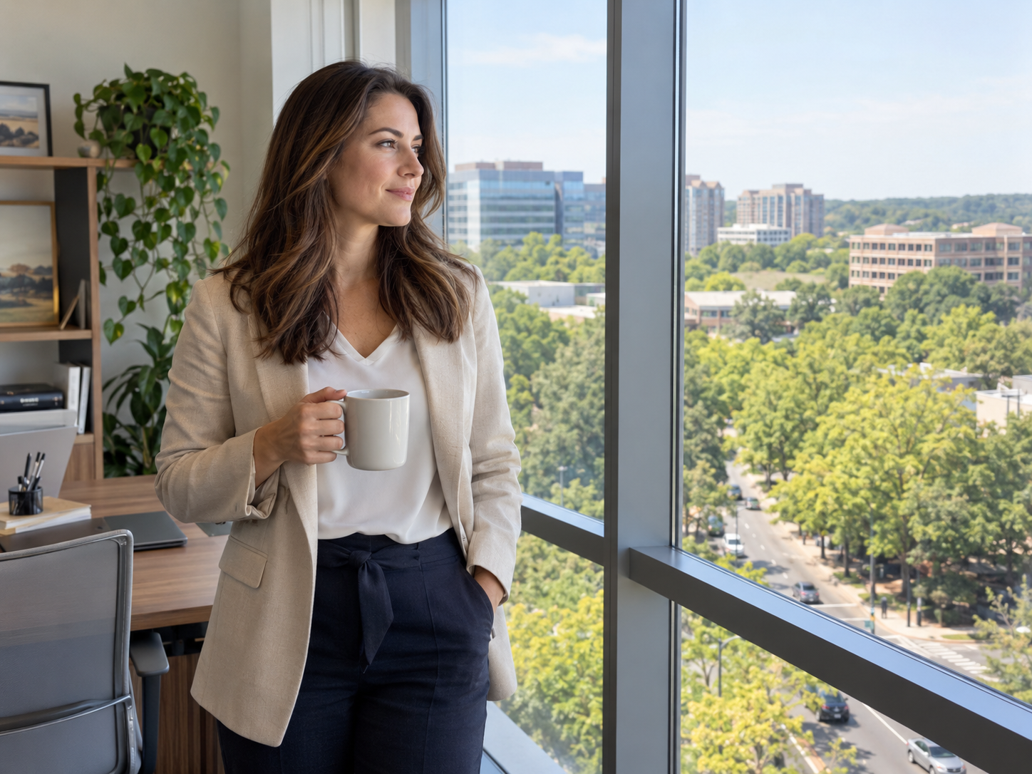 Woman holding a mug by a floor-to-ceiling window with city views and greenery outside
