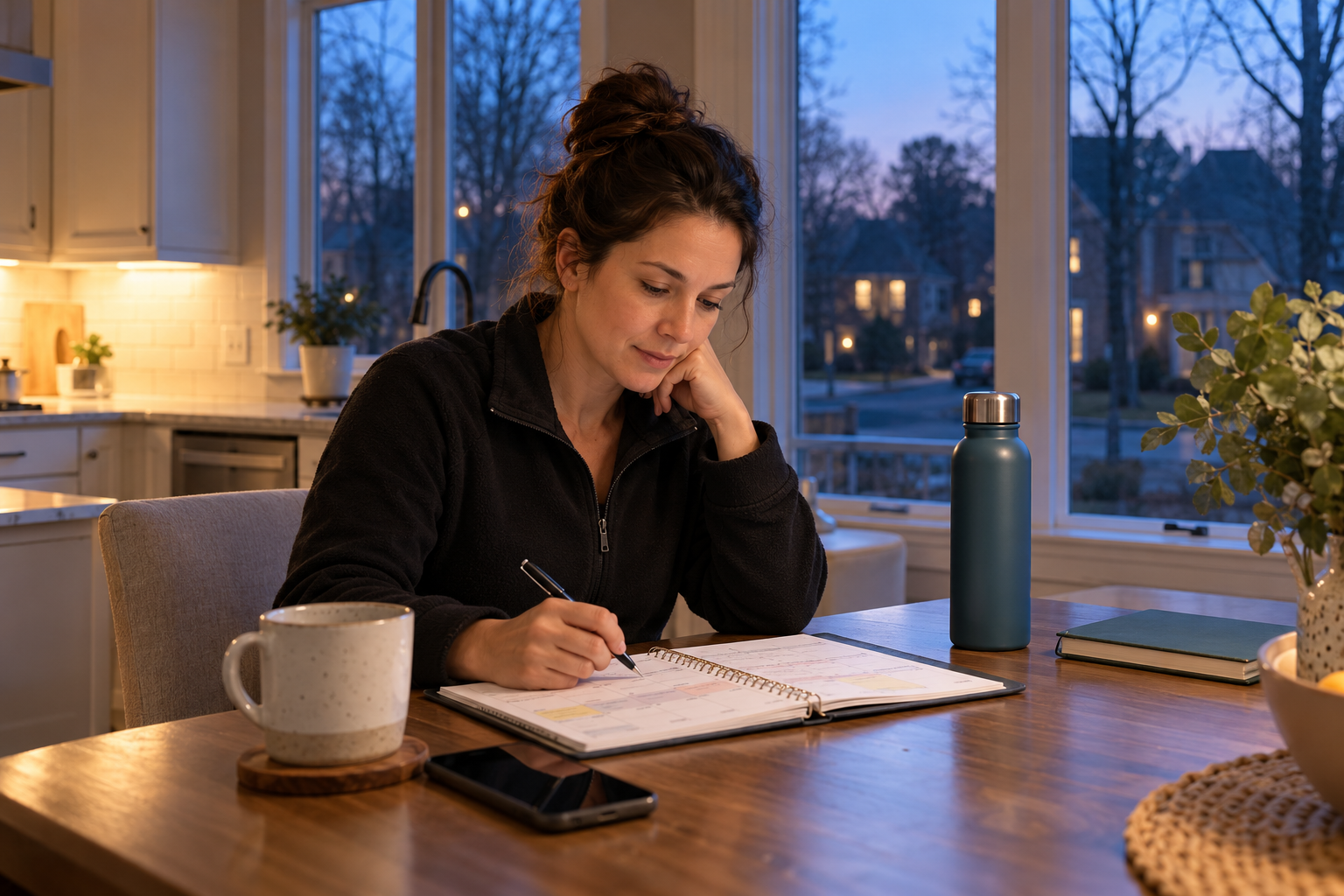 Person writing in a notebook at a kitchen table by a window at dusk.