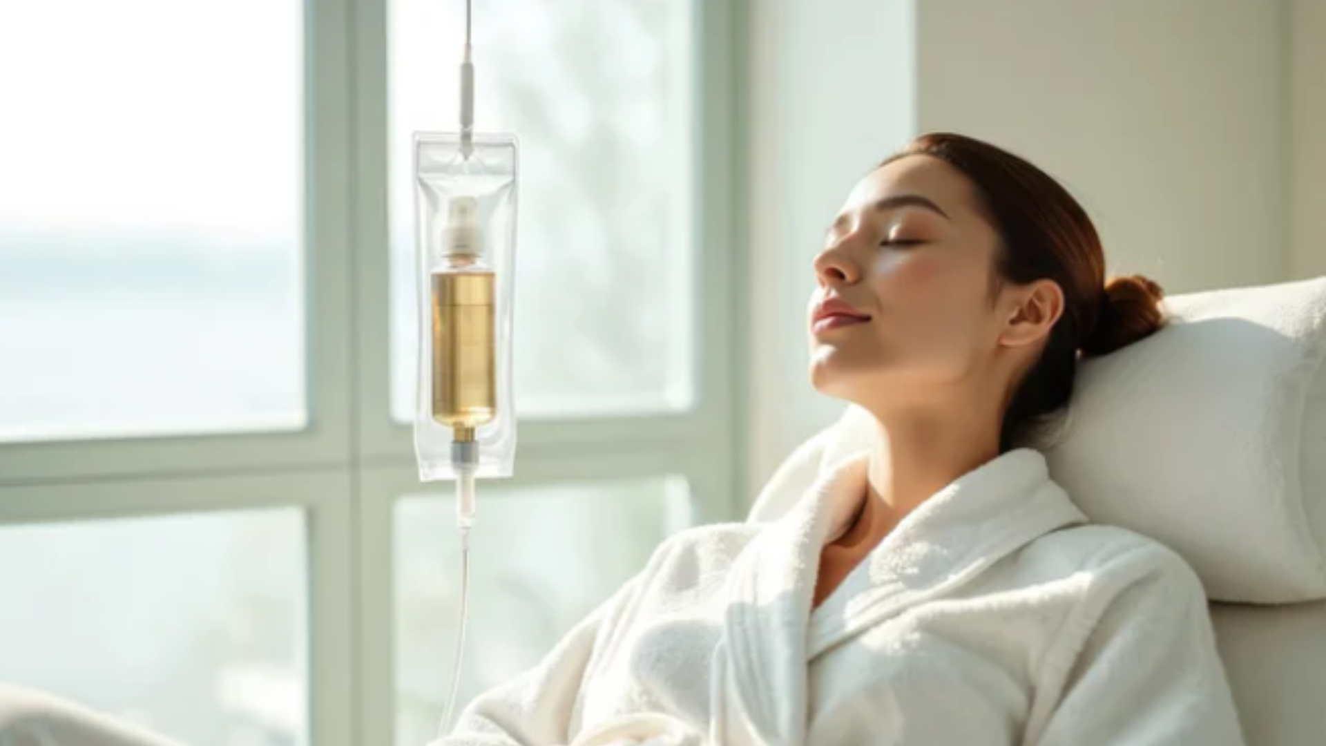 Woman relaxing in a white robe while receiving IV therapy in a bright room