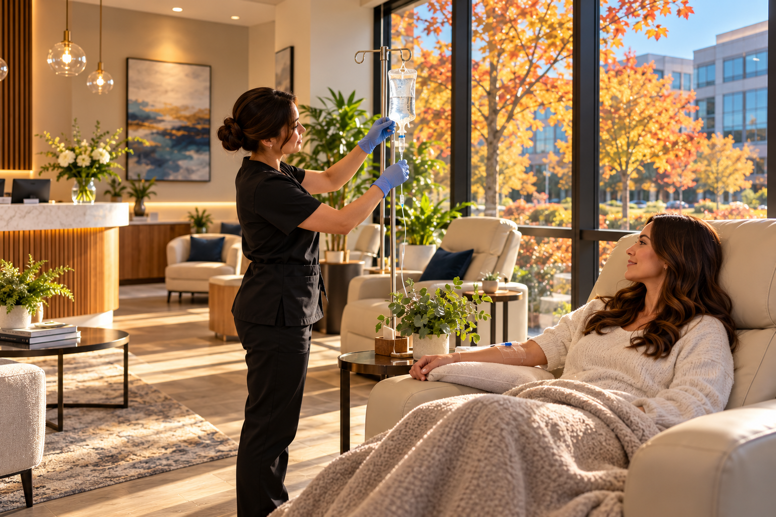 Spa therapist applying a facial treatment to a client in a bright, modern spa room