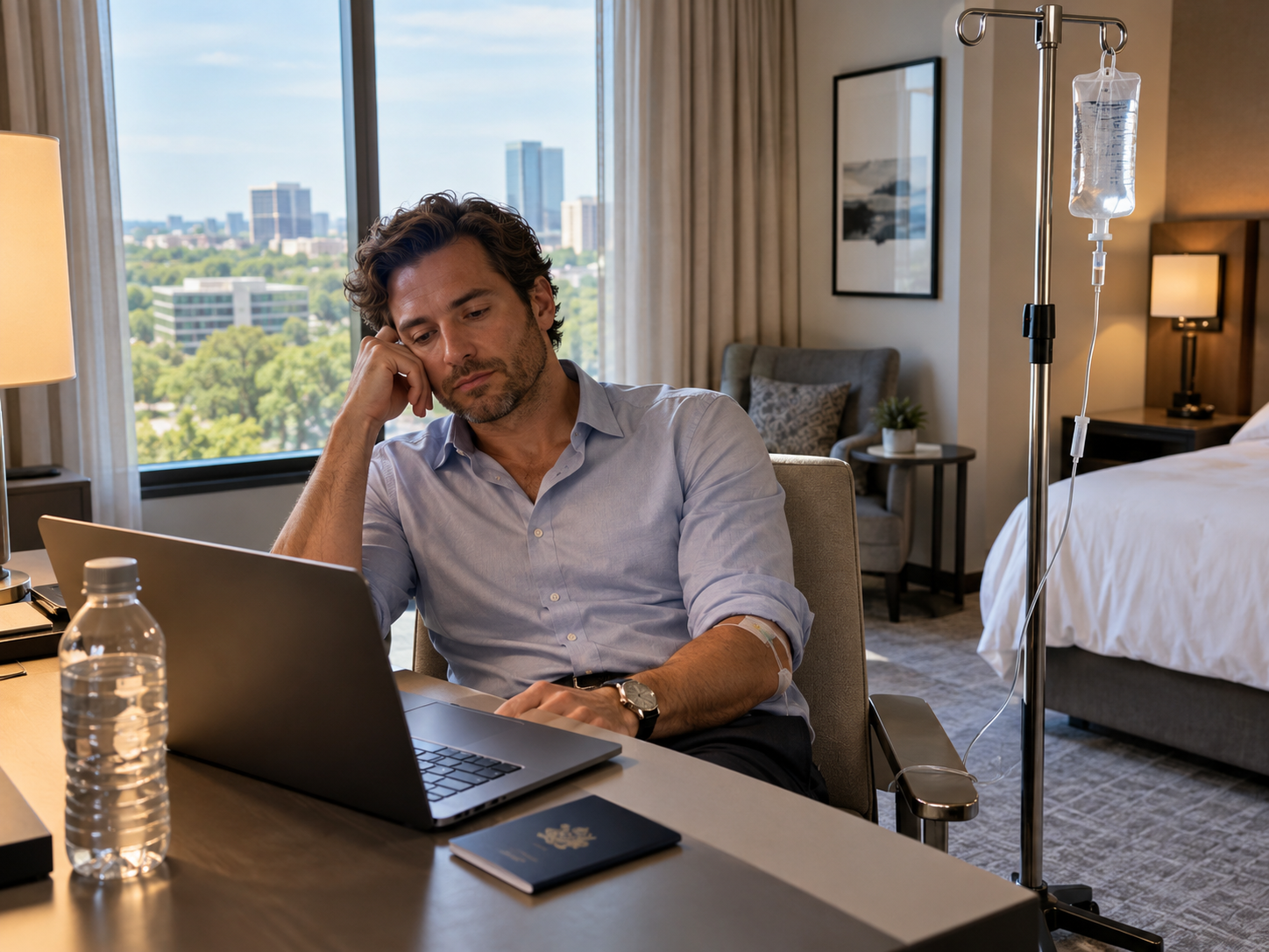 Man sitting at a desk with a laptop in a hotel room, resting his head in his hand.