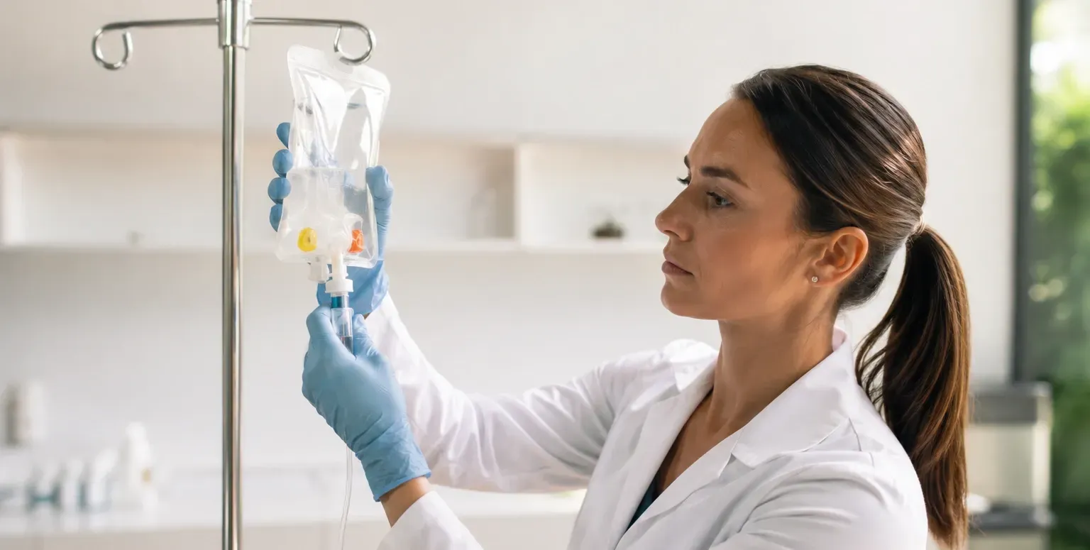 Nurse in blue gloves adjusting a clear IV bag in a bright clinical room