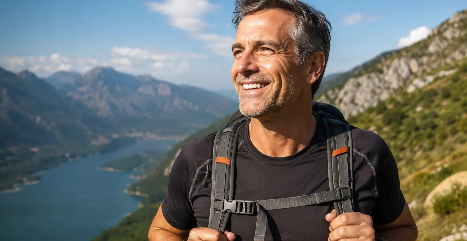 Smiling hiker with backpack on a mountain trail overlooking a blue lake and peaks