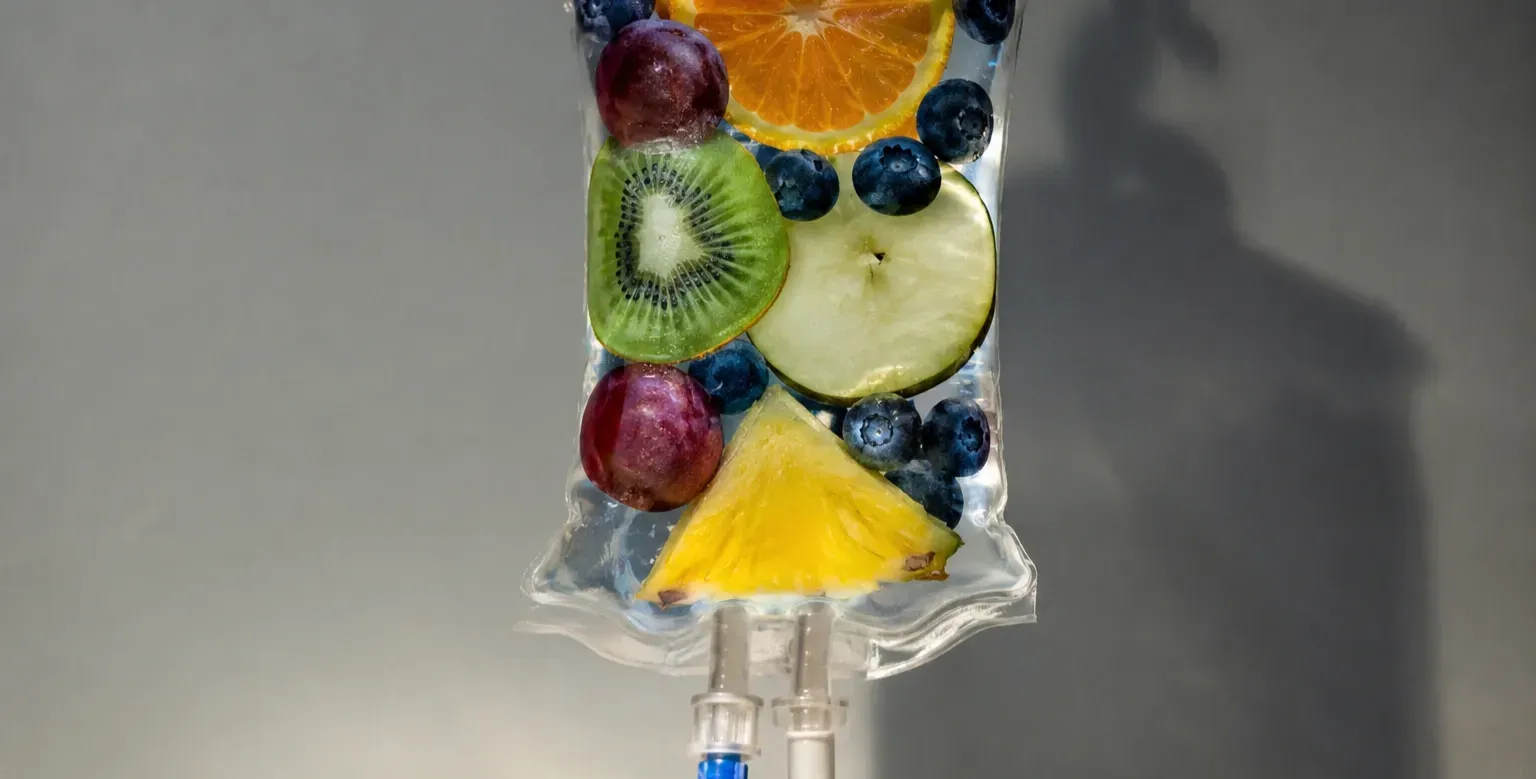 Fruit-filled popsicle with orange, kiwi, blueberry, grape, pineapple, and lemon slices in a clear wrapper