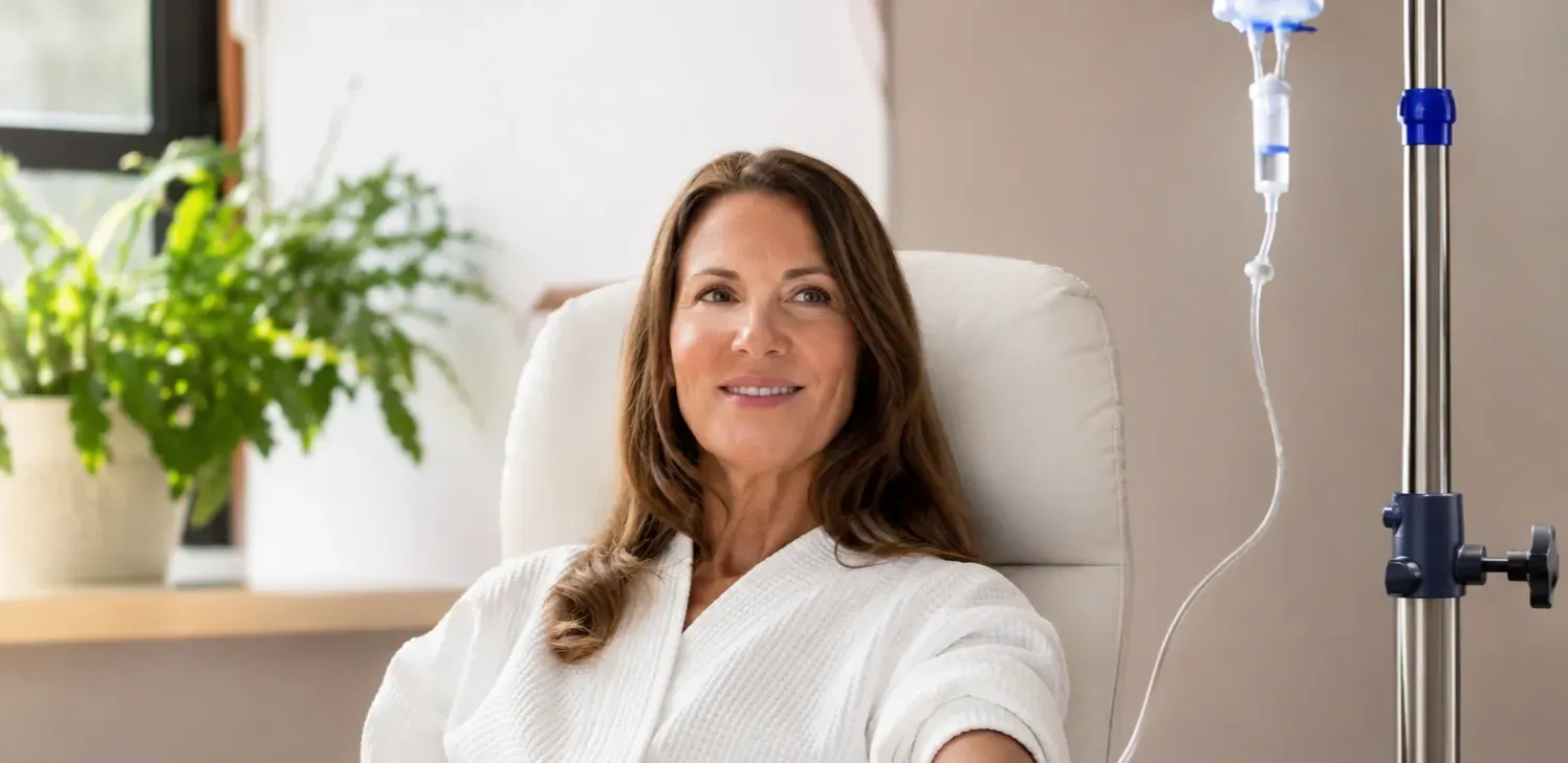 Woman smiling in a clinic chair with an IV drip beside her