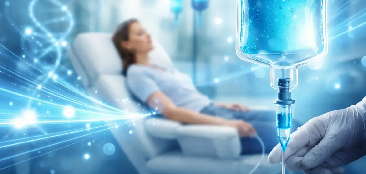 Hospital patient receiving IV drip in a bright, blue-toned medical setting