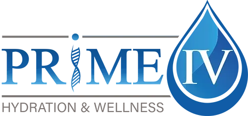 Logo for Prime IV Hydration & Wellness: Text with a DNA strand and a water drop.