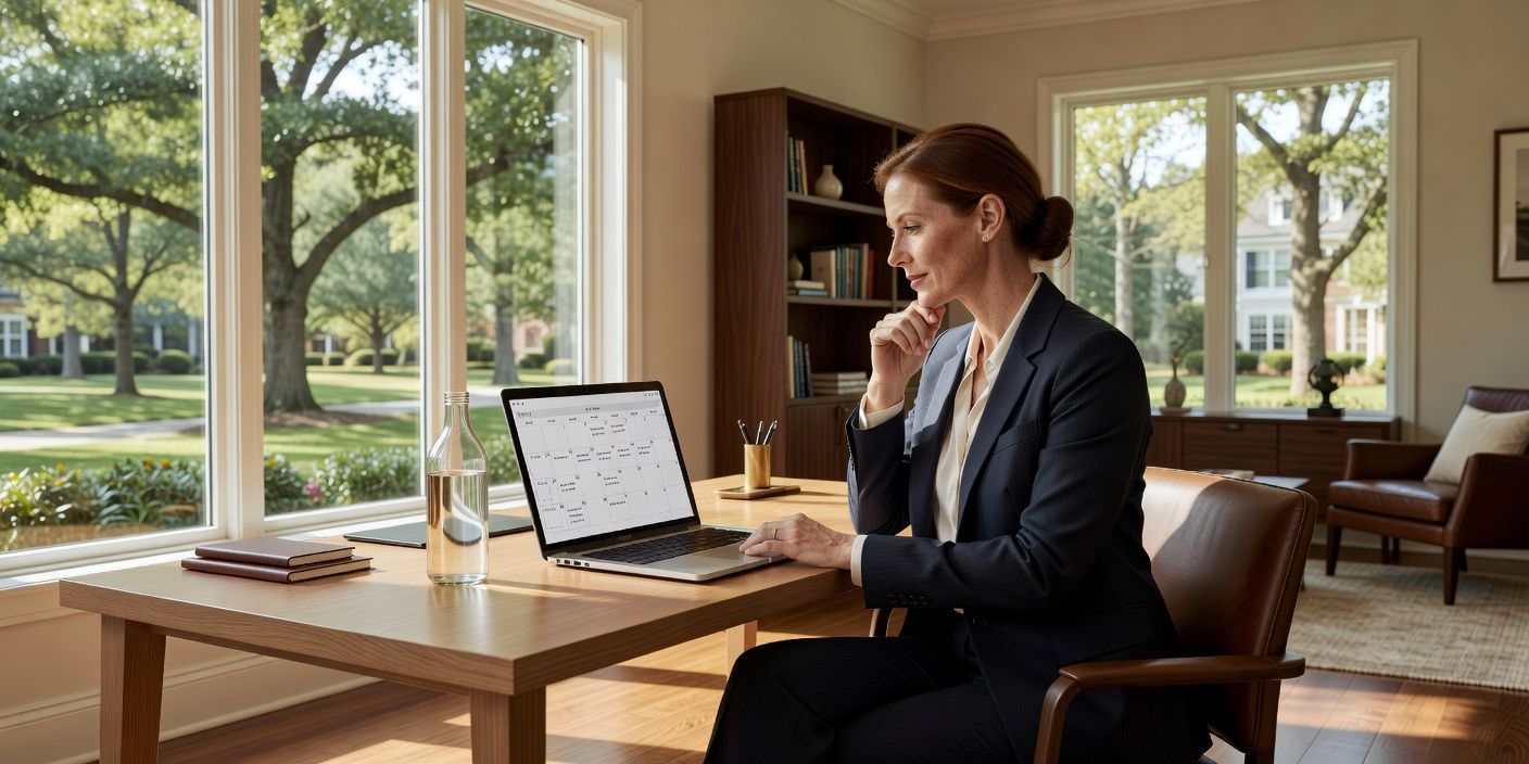 Person in a blazer sits at a desk using a laptop in a bright office with large windows.