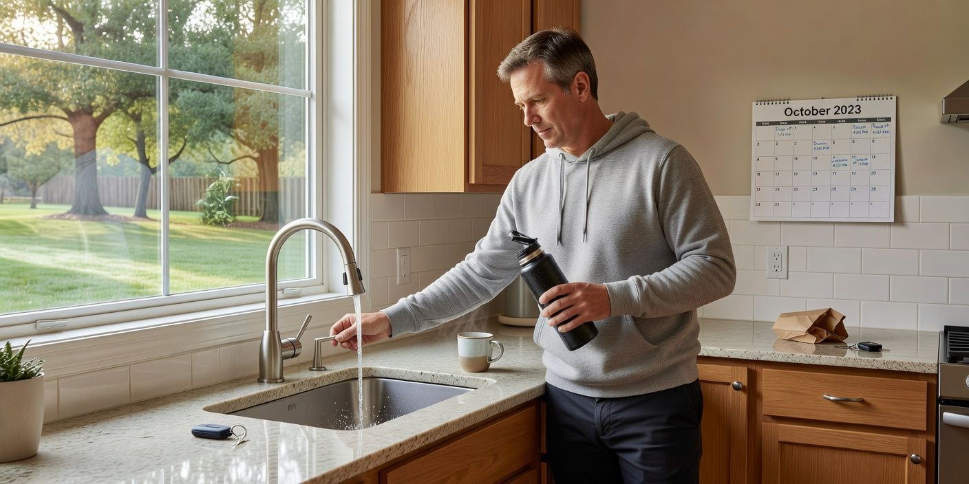 Person pours a drink while standing at a bright kitchen sink by a window.