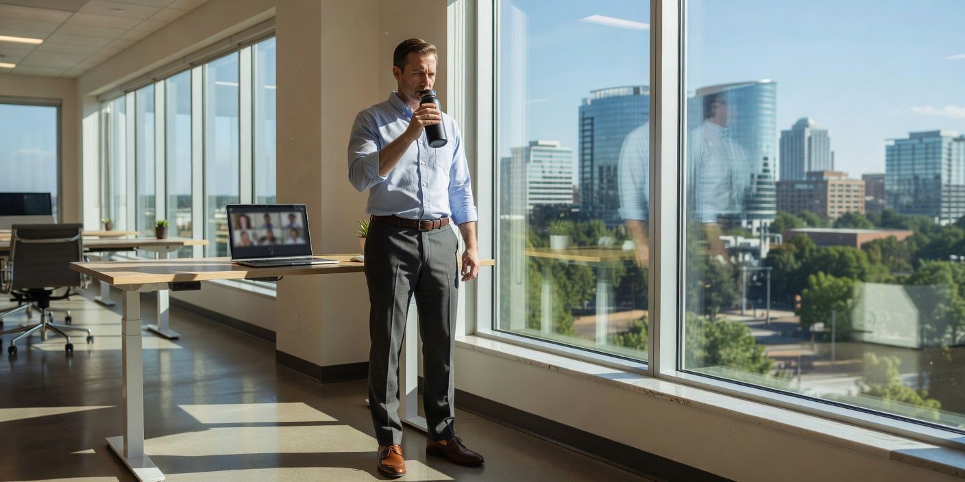 Man speaking into a microphone in a bright office with floor-to-ceiling windows and a city skyline.