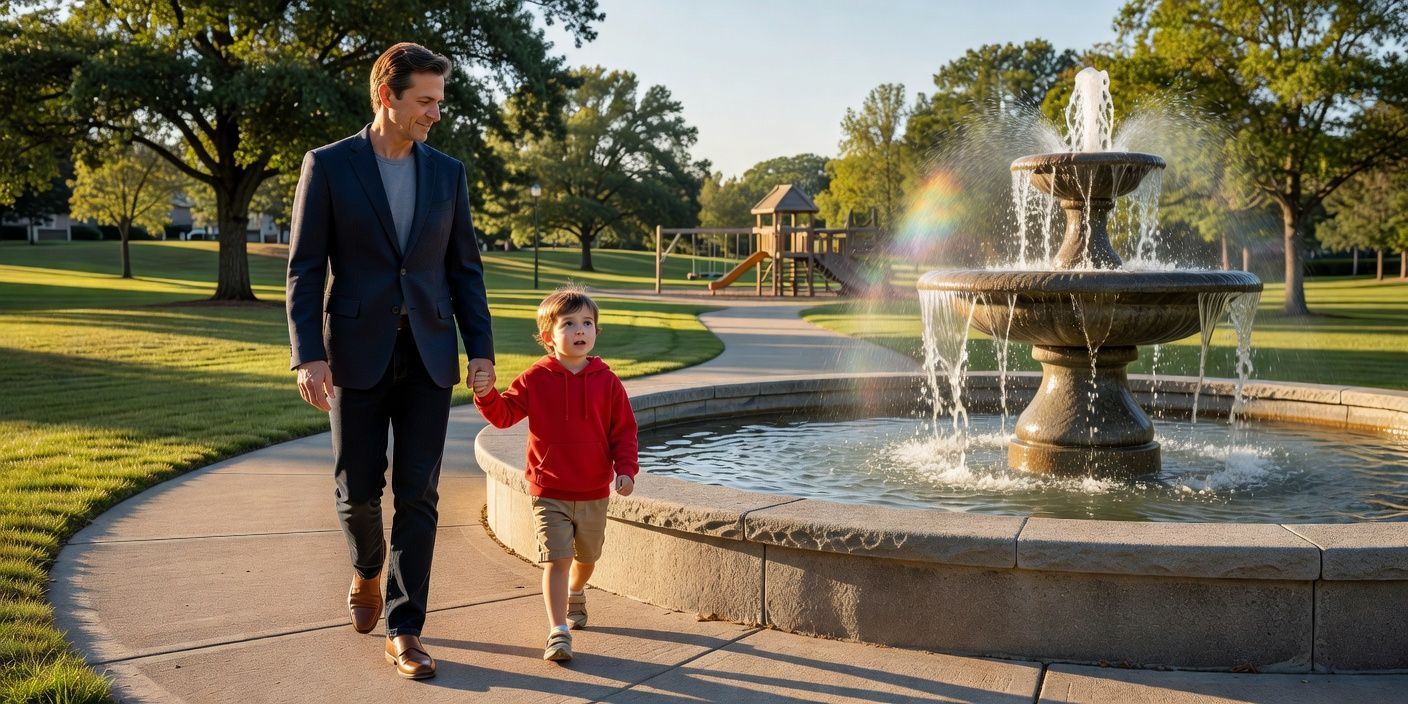 Man and child walking beside a fountain in a sunny park