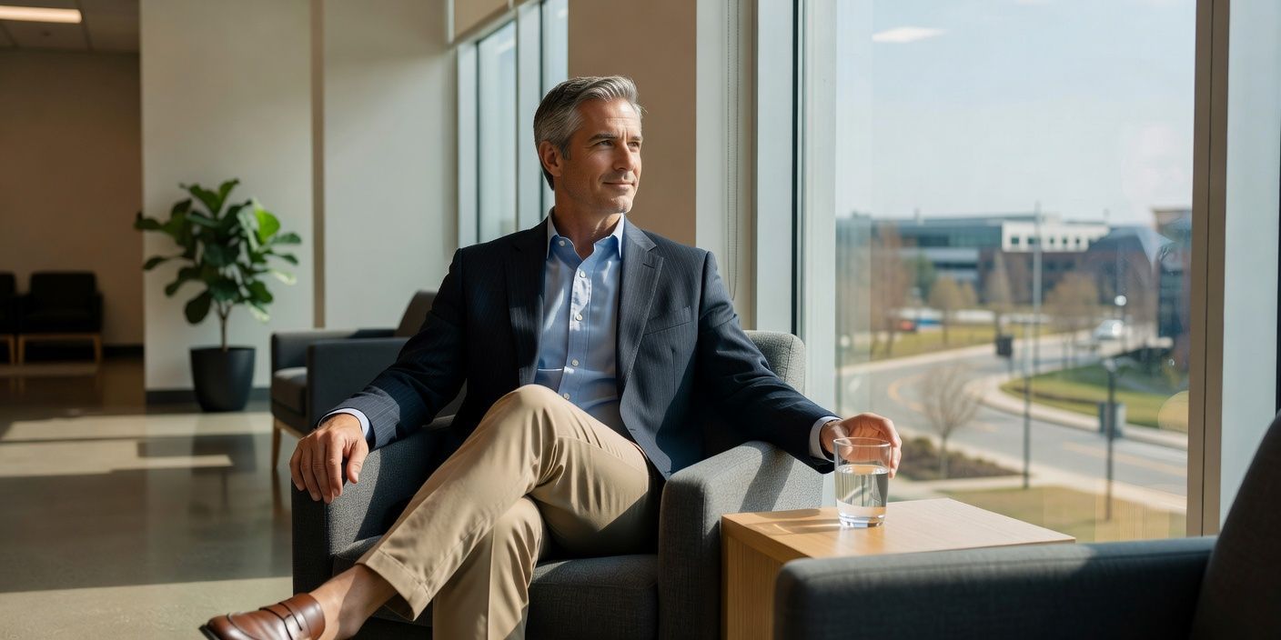 professional in business casual sitting by a sunlit Reston clinic window with a water glass after an appointment