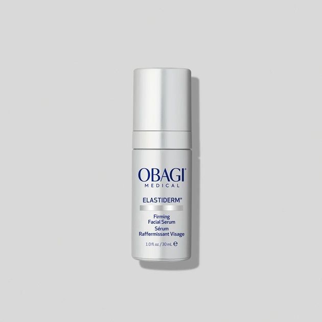 OBAGI ELASTIderm Facial Serum bottle with white cap on a light gray background