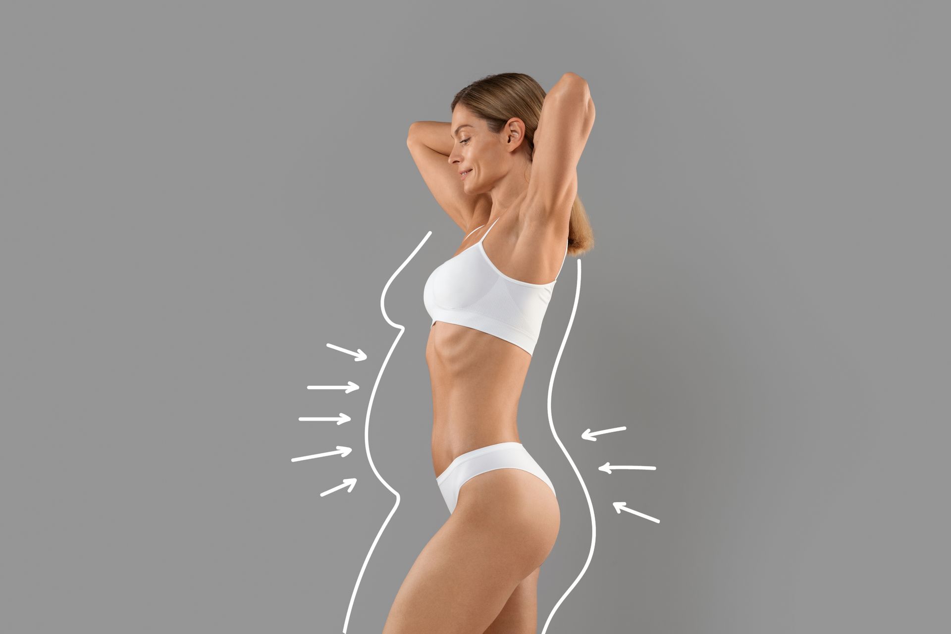Woman in white lingerie, outline showing body contouring arrows, gray background.
