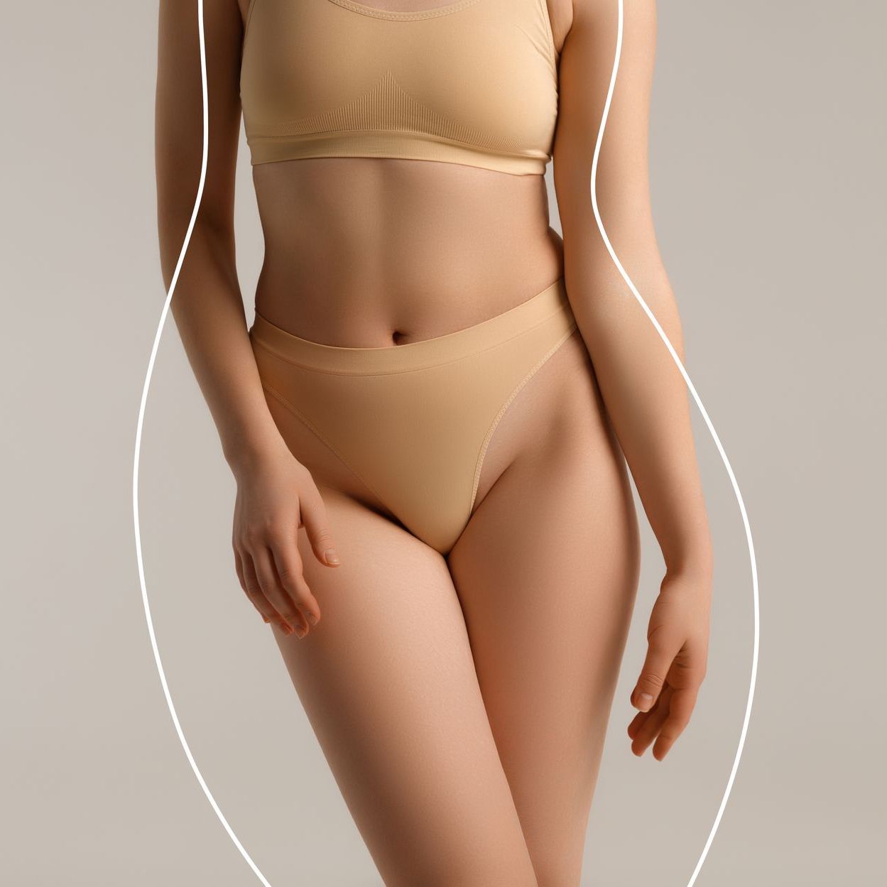 Woman in beige lingerie, posed with white outline highlighting hourglass figure.