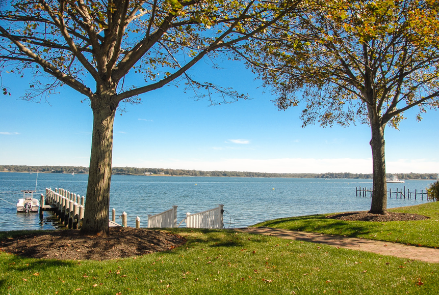 A lake with a dock and trees in the foreground