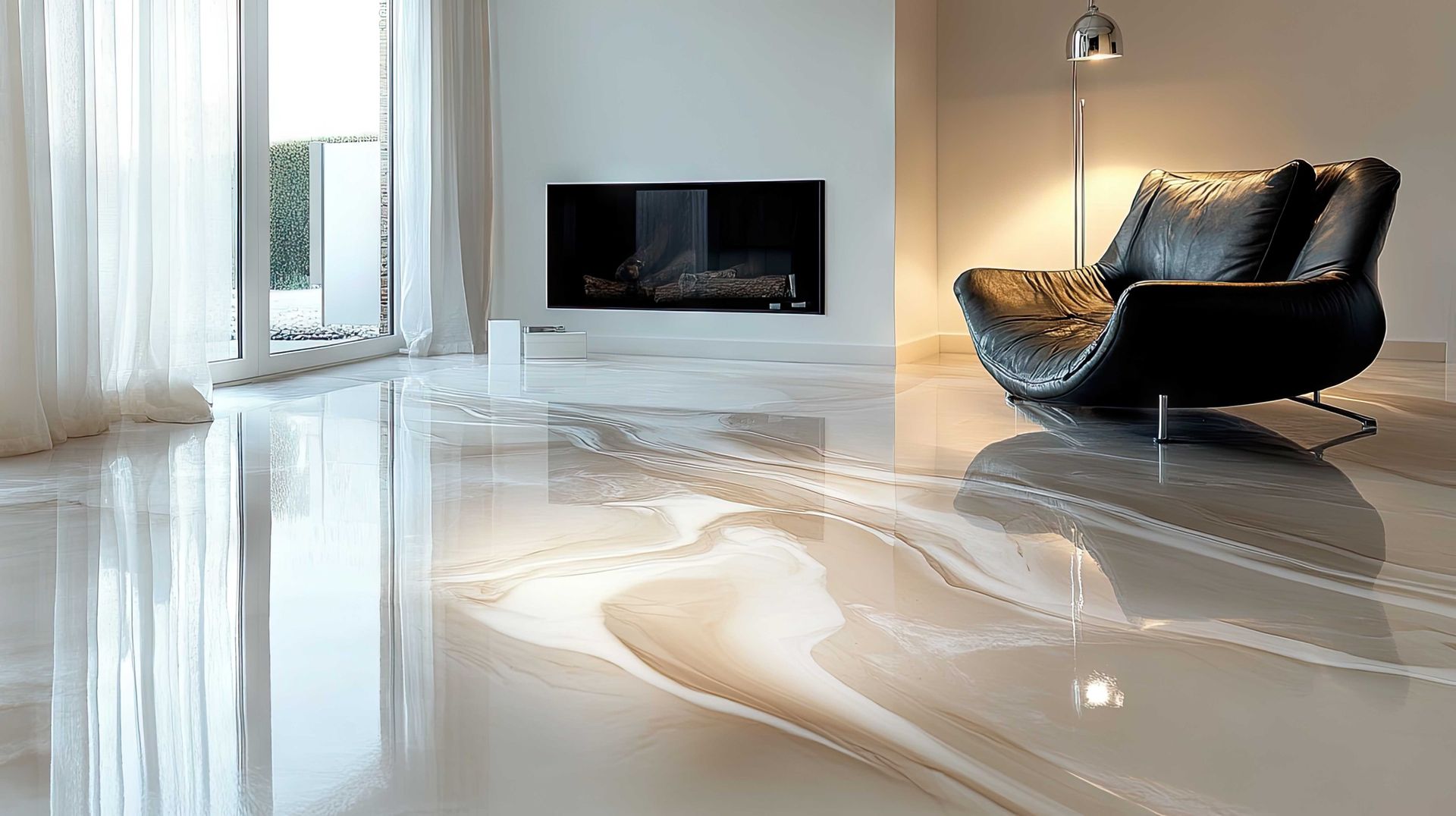 Modern living room with glossy white floor, black chair, fireplace, and bright window curtains
