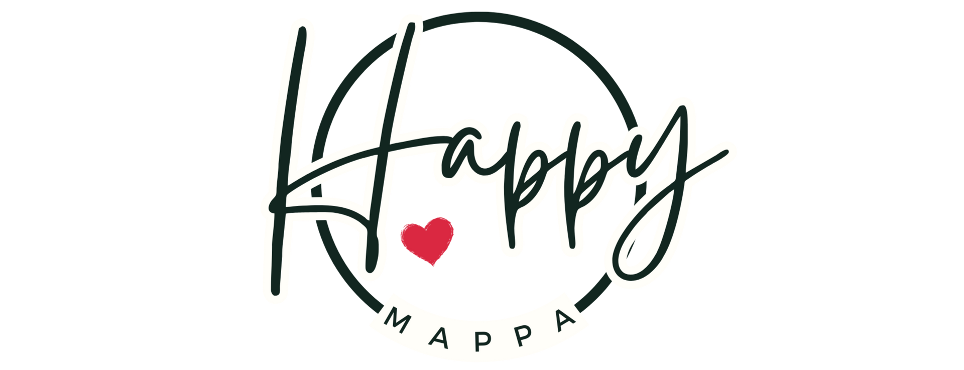 Logo voor Happy Mappa met het woord "Happy" in sierletters in een cirkel. Daaronder staat een rood hartje en "MAPPA".