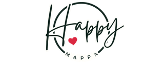 Logo voor Happy Mappa met het woord "Happy" in sierletters in een cirkel. Daaronder staat een rood hartje en "MAPPA".