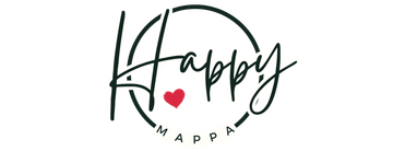 Logo voor Happy Mappa met het woord "Happy" in sierletters in een cirkel. Daaronder staat een rood hartje en "MAPPA".