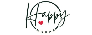Logo voor Happy Mappa met het woord "Happy" in sierletters in een cirkel. Daaronder staat een rood hartje en "MAPPA".
