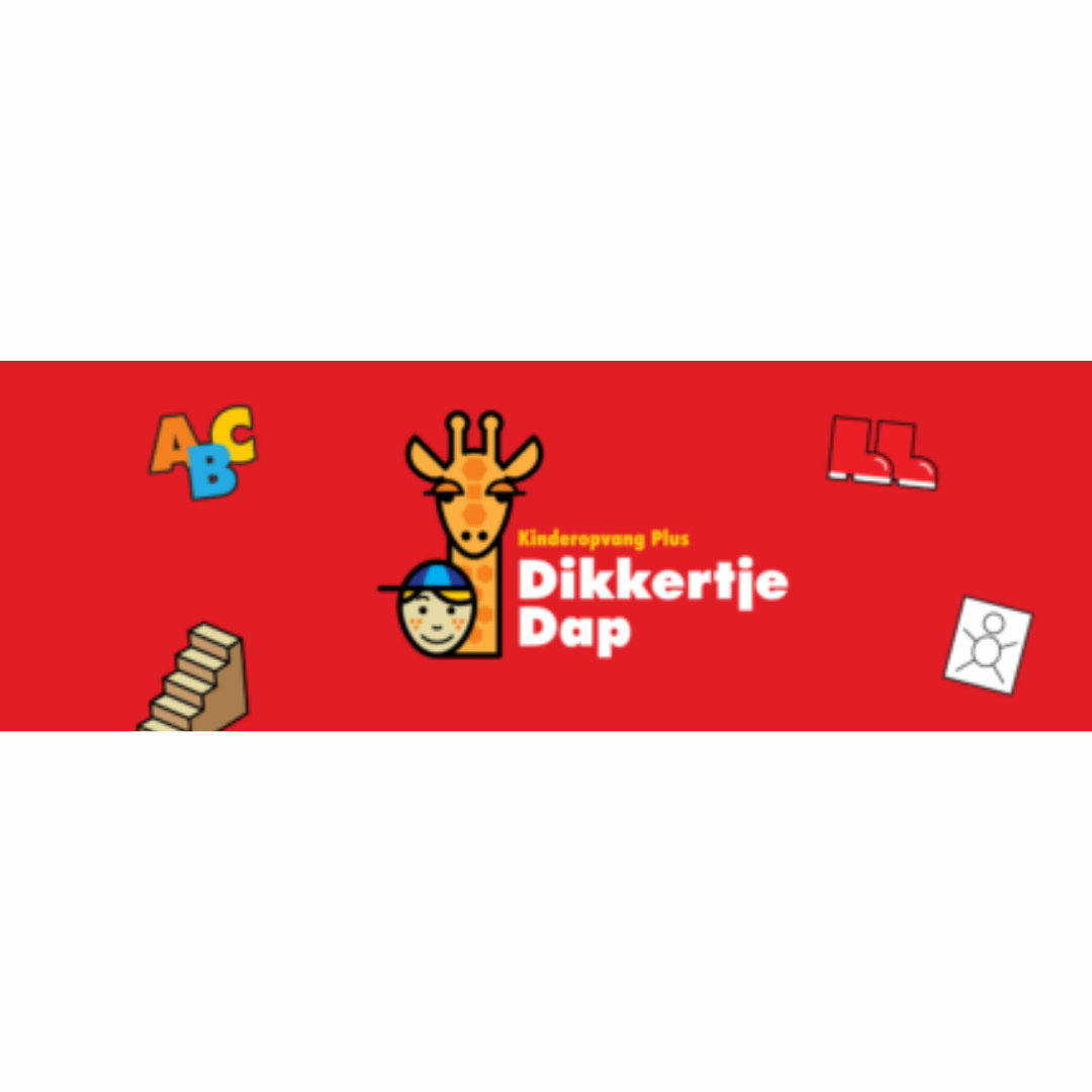 Rode banner met het alfabet, een giraffe, een jongen en de tekst