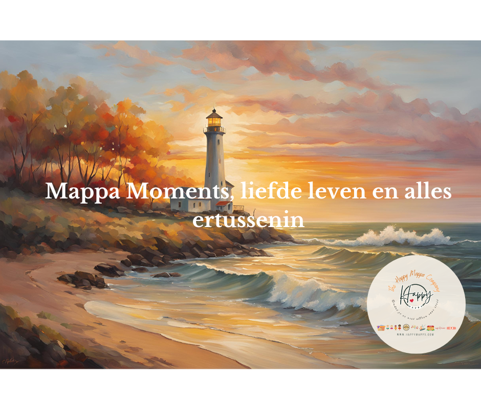 Kustlandschap met vuurtoren, golven en zonsondergang; tekst