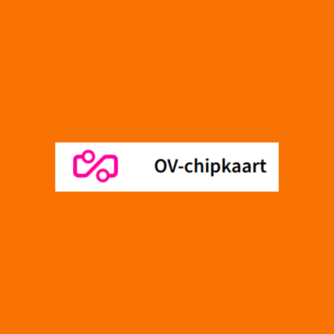 Logo voor de OV-chipkaart, met een roze pictogram en witte tekst op een oranje achtergrond.