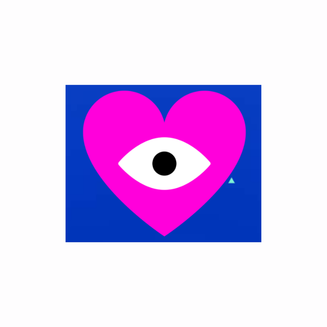 Roze hart met een oog in het midden, geplaatst op een blauw vierkant.