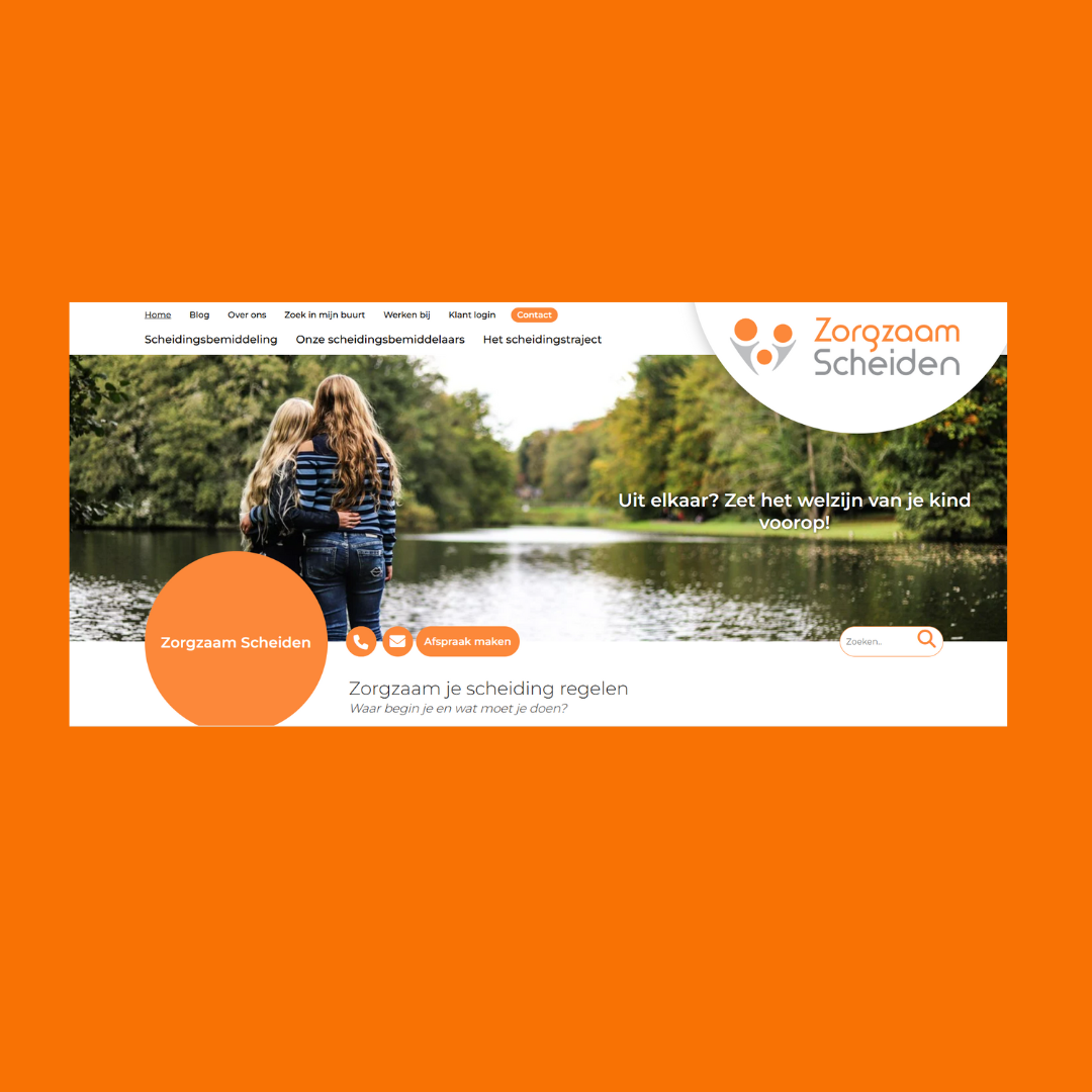 Website ter ondersteuning bij echtscheiding. Twee mensen kijken naar een meer. Kleurenschema: oranje en wit.