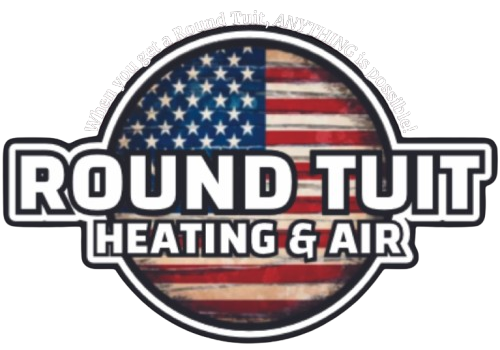 Round Tuit Heating & Air logo with an American flag in a circular design