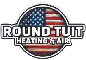 Round Tuit Heating & Air logo with an American flag in a circular design
