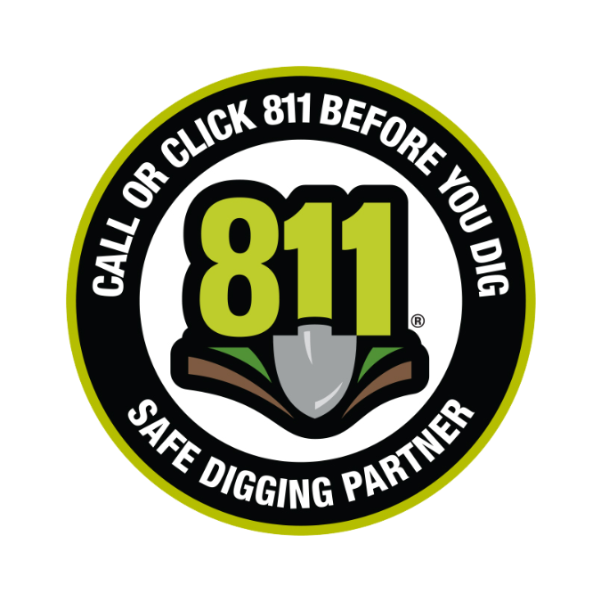 An 811 logo with the text "Call or click 811 before you dig" and "Safe digging partner" in a black and green circle.