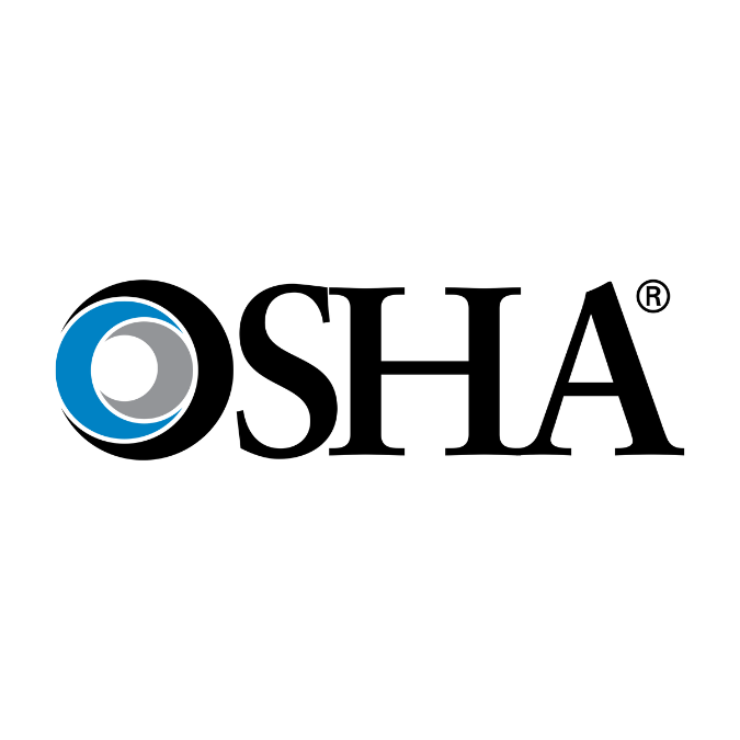 The OSHA logo, featuring bold black letters with a blue and grey stylized circular graphic inside the letter O.