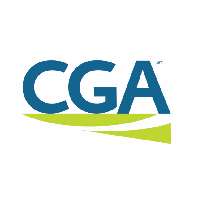 Logo featuring the letters "CGA" in bold blue font above a curved, lime-green horizontal shape.