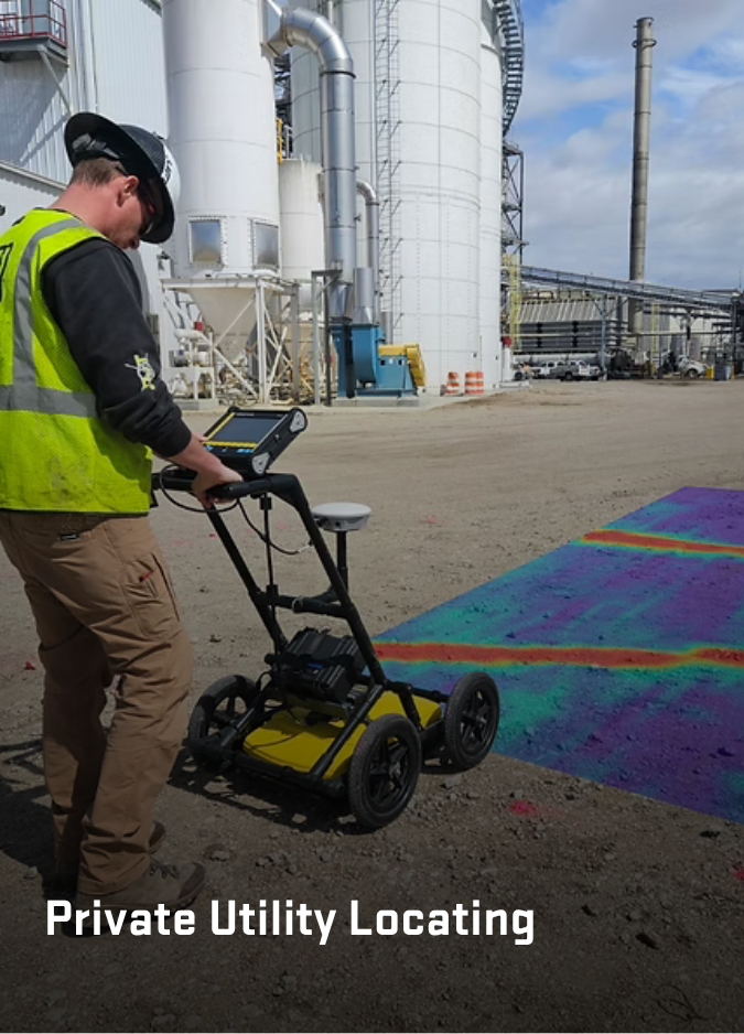 Worker operating ground penetrating radar equipment in a facility, with a data visualization projected on the ground.