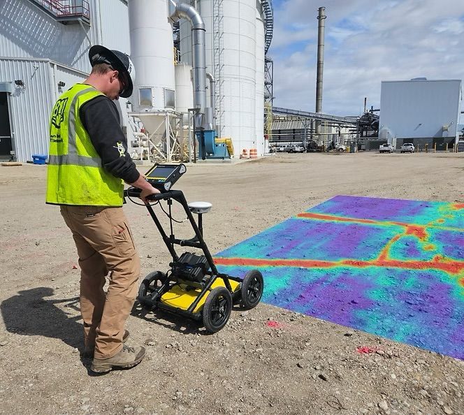 A worker uses ground-penetrating radar equipment to scan industrial land, shown with a digital overlay of subsurface data.
