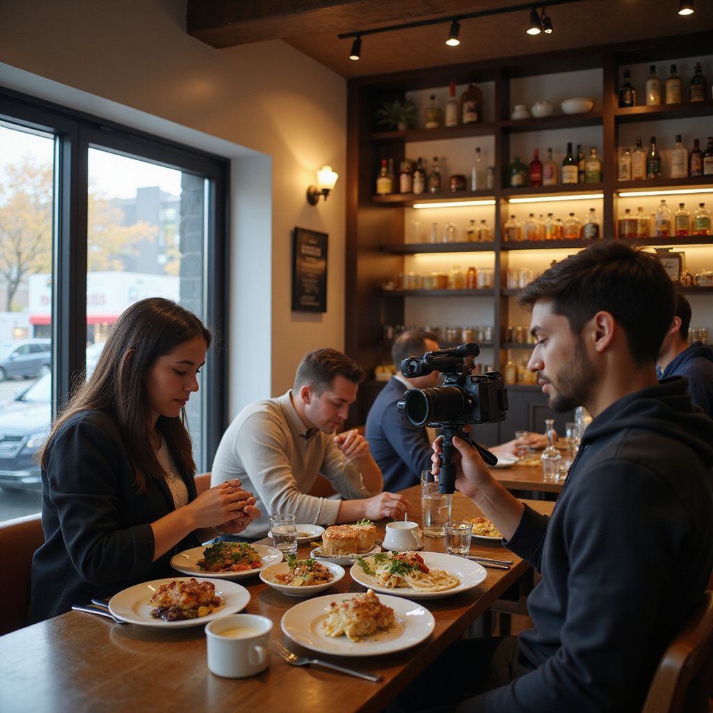 People filming a food review in a restaurant. Plates of food on table. A camera operator records a couple.