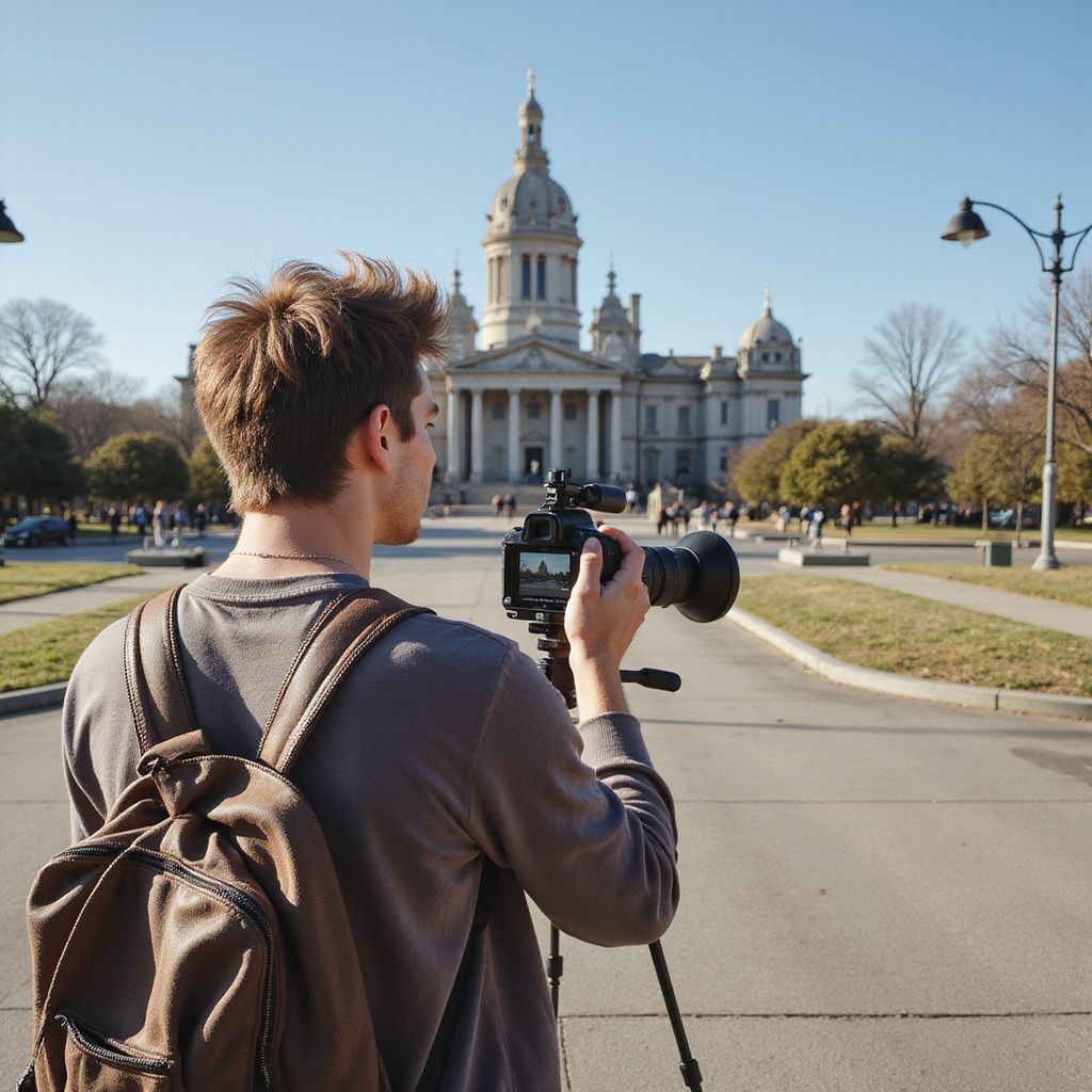 Young man with backpack photographs a domed building on a sunny day.