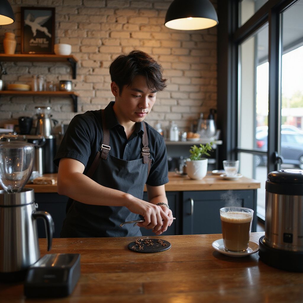 Barista in a cafe grinding coffee beans, preparing a latte, near a window.