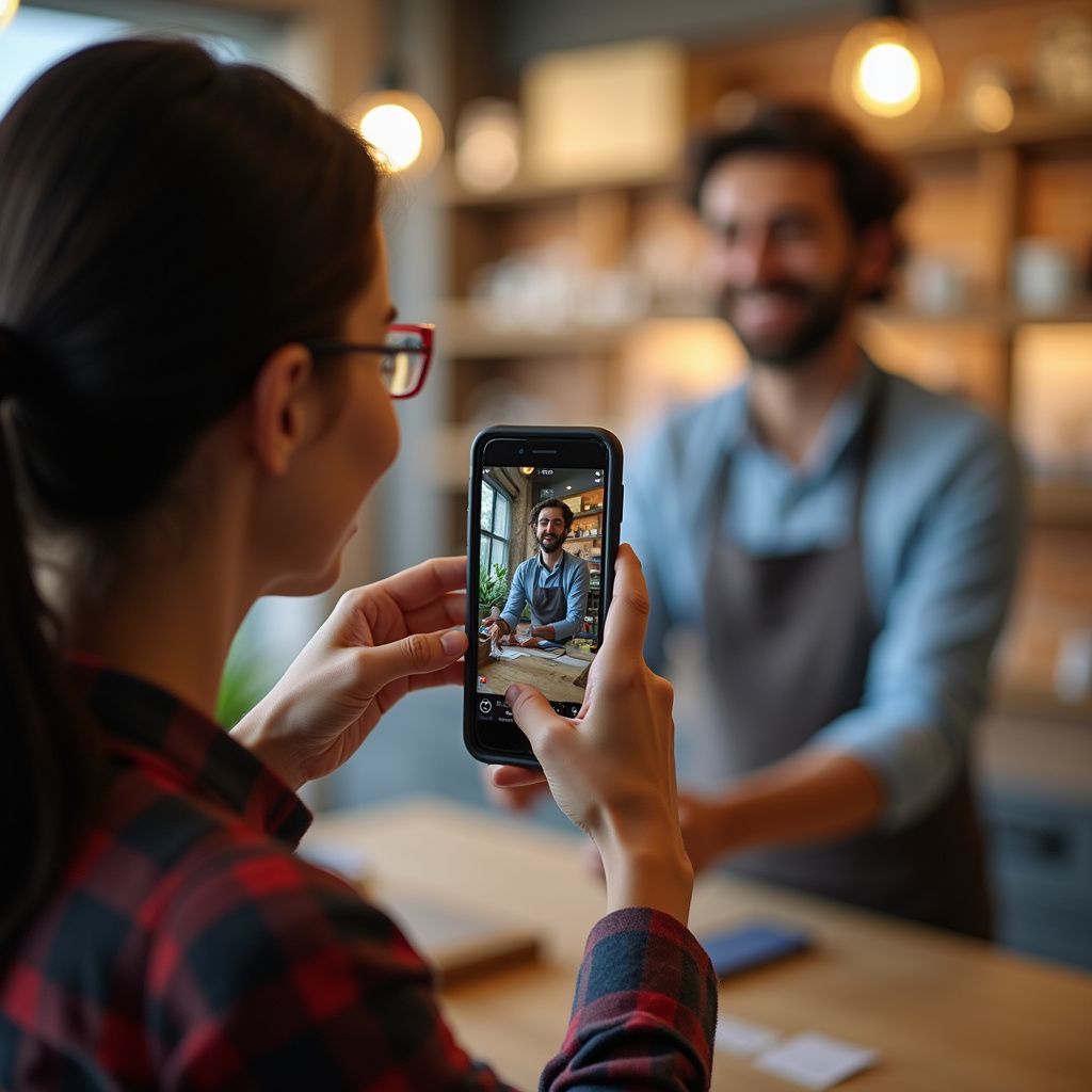 Woman taking a photo of a man behind a counter with her phone. The man is smiling in a cafe.