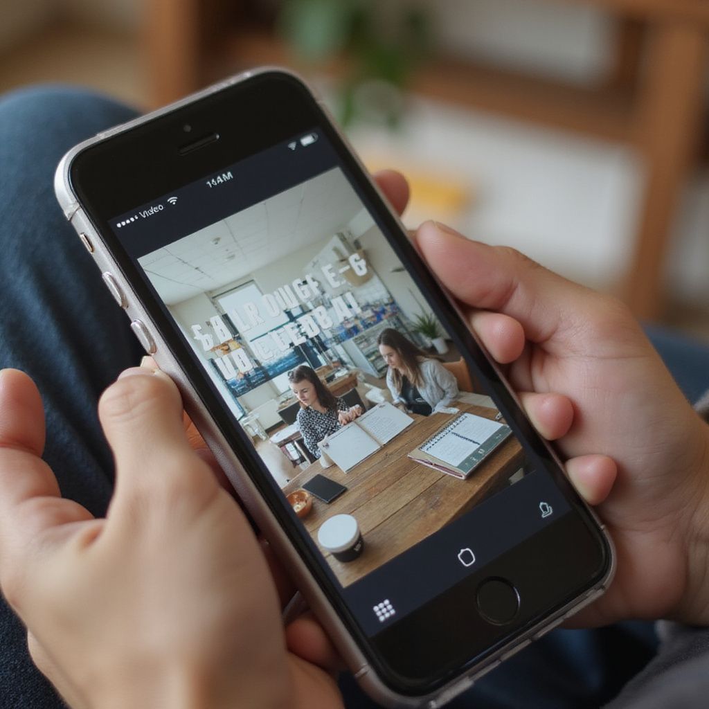 Hands holding a smartphone displaying a photo of two people studying at a table.