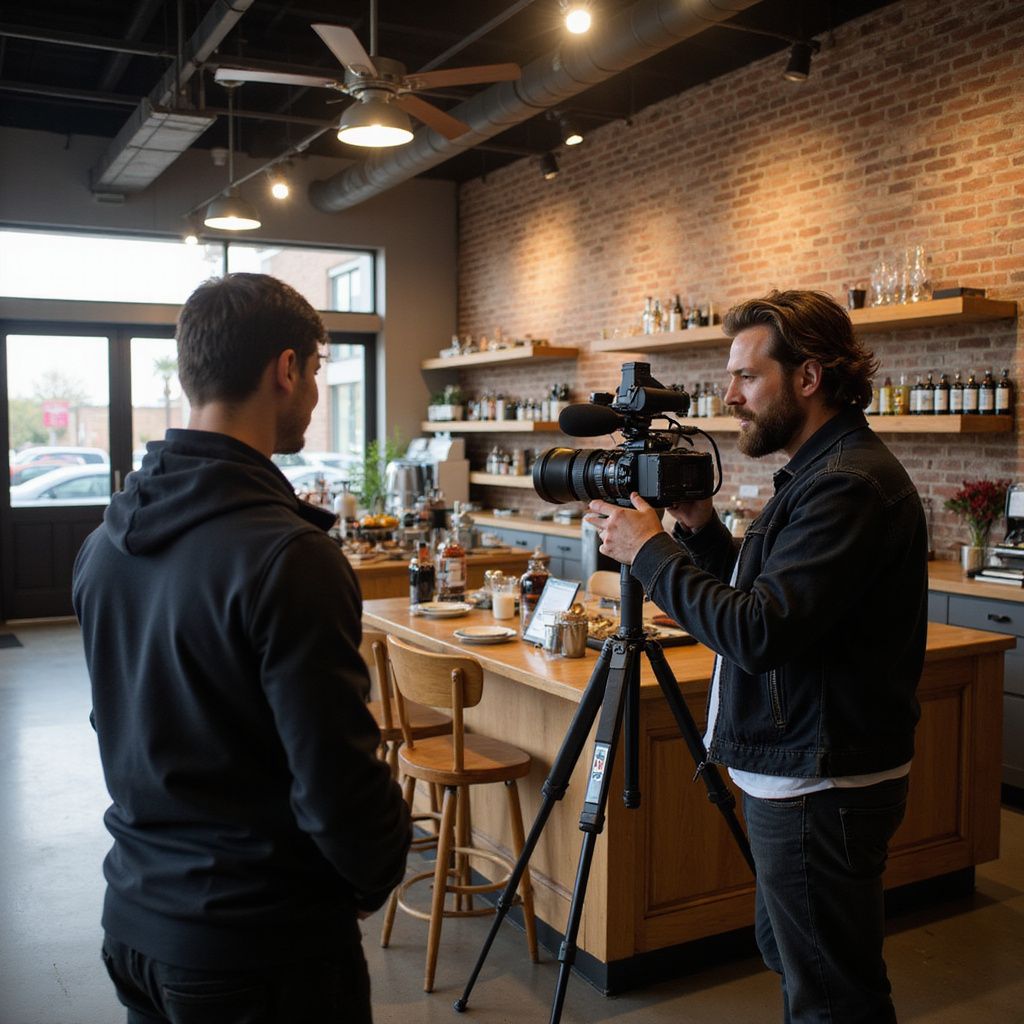 Two men filming in a cafe: One holding a camera on a tripod, the other facing him. Interior with brick wall and shelves.