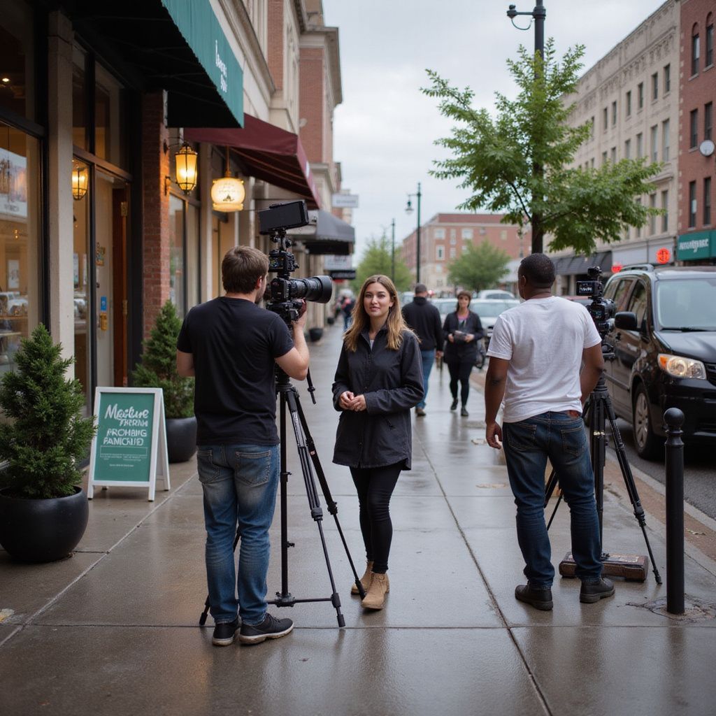 A reporter interviews on a sidewalk. Two people operate cameras. Buildings and cars are in the background.