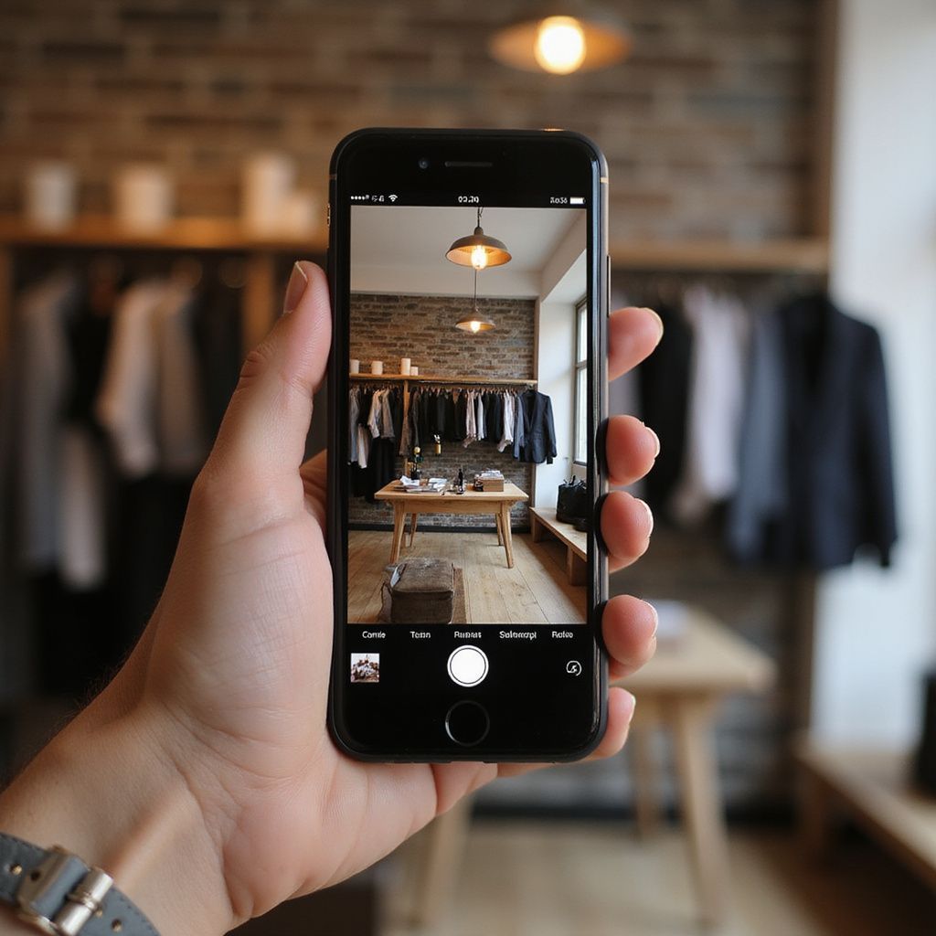 Hand holding a phone taking a photo of a clothing store interior, including clothing racks, and a table.