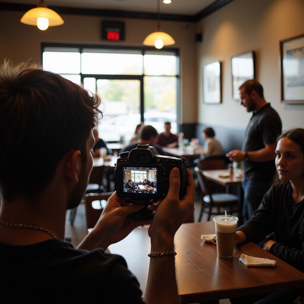 Person taking a photo of a woman in a cafe, other patrons visible.