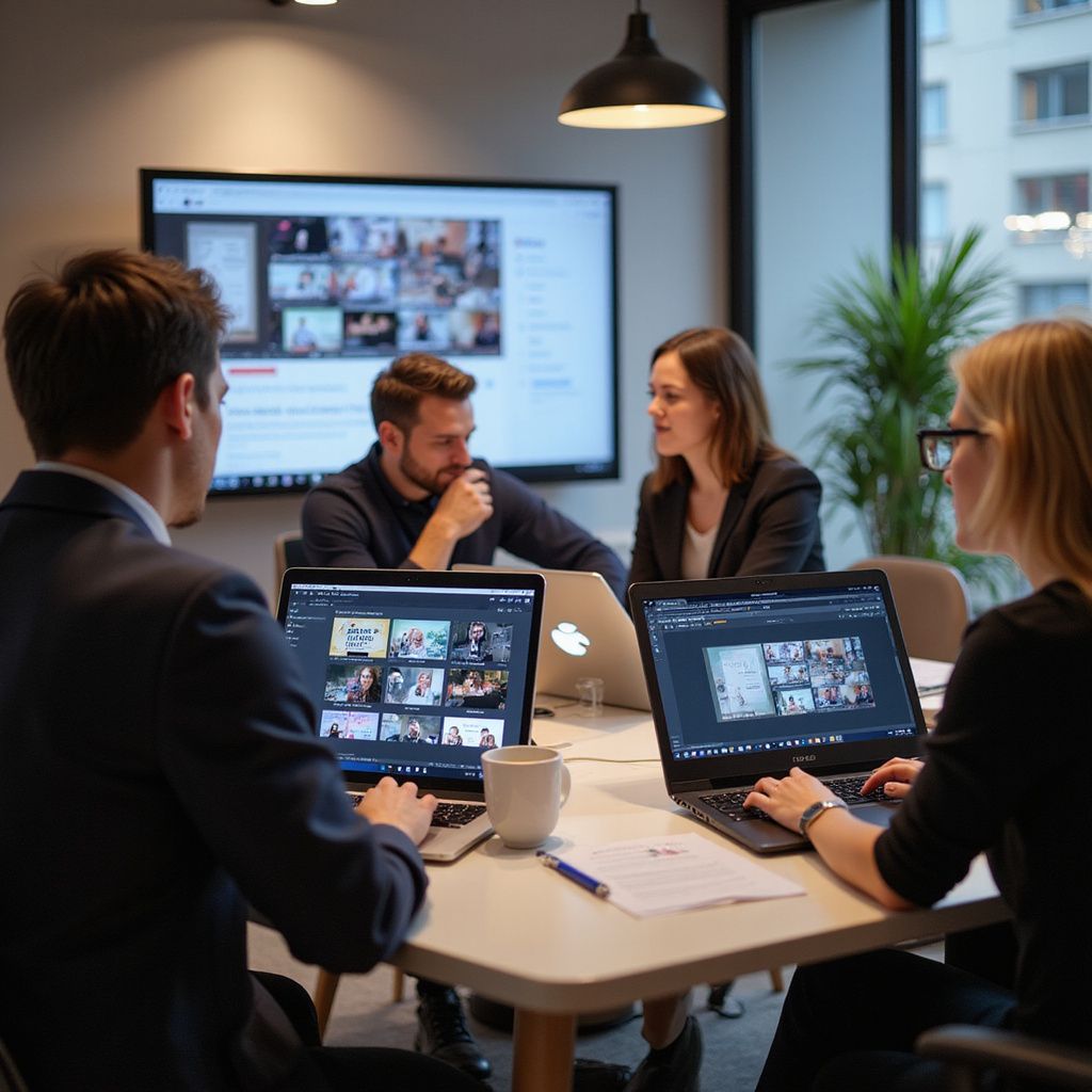 Four people in a meeting, working on laptops around a table. A large screen displays images.
