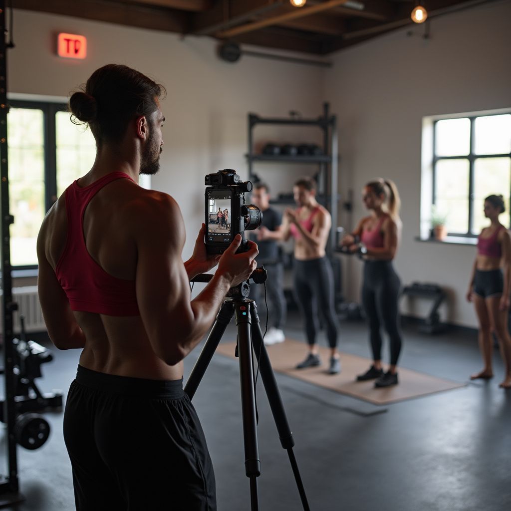 Man filming fitness class in a gym; instructor and participants in activewear.